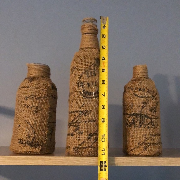 Set of 3 burlap and twine wrapped glass bottles. - Picture 3 of 8